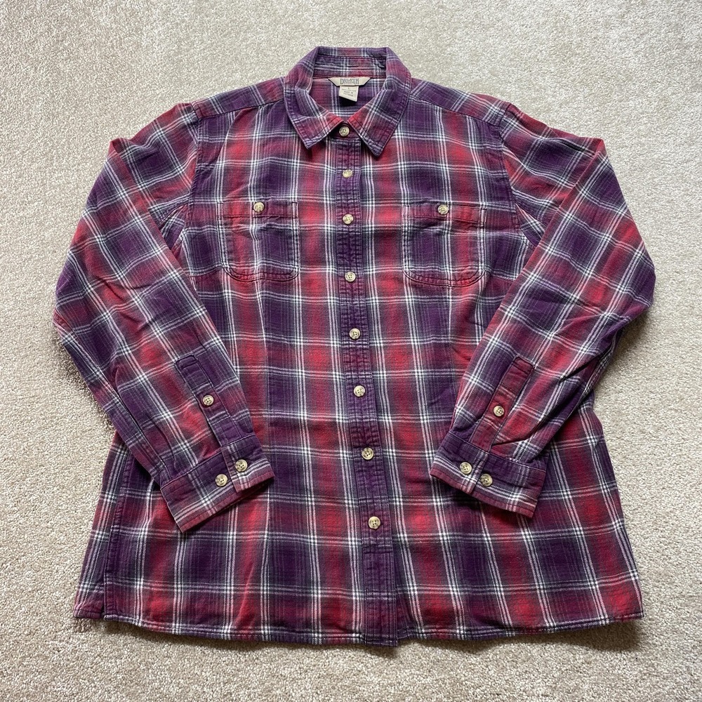 Duluth Trading Co Shirt Womens Large Purple Plaid Flannel‎ Long Sleeve Pockets